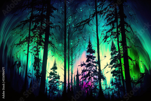 abstract image of the woodland with northern lights. Generative AI