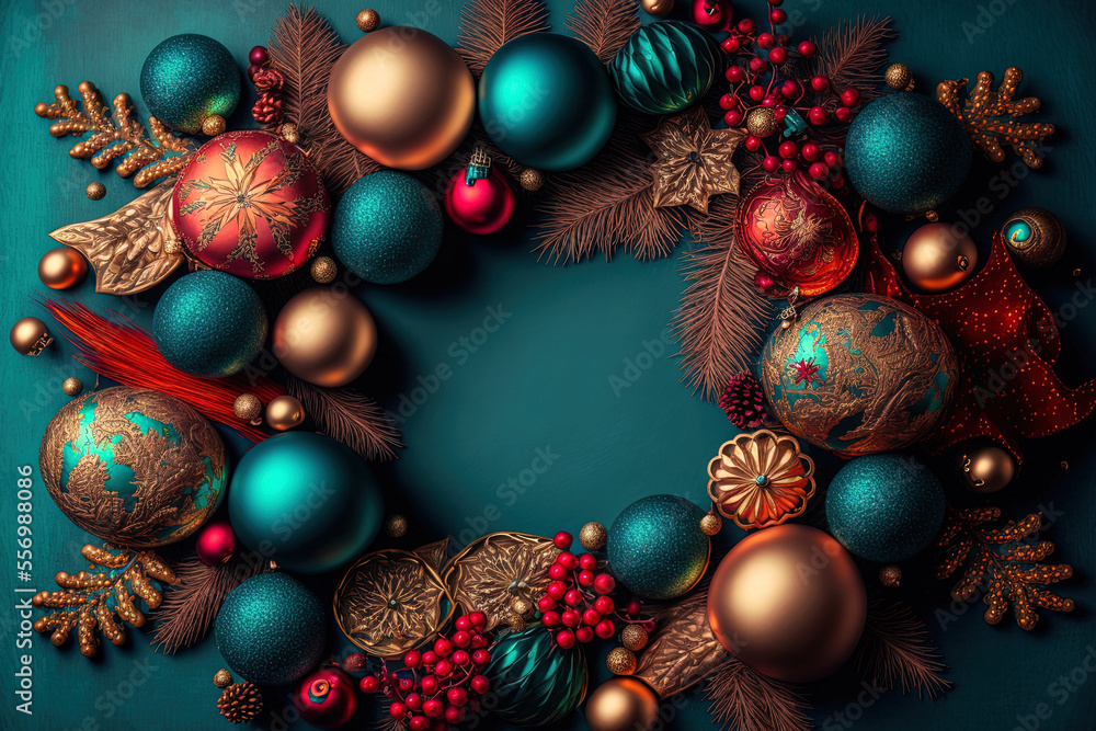 festive Christmas decorations in top view with space for copy. Generative AI festive Christmas decorations in top view with space for copy. Generative AI