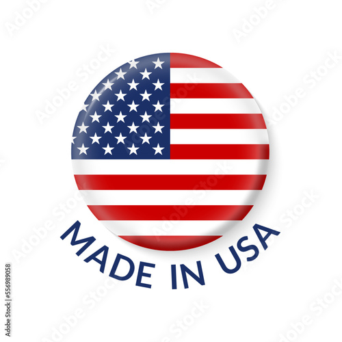 Made in USA icon with 3d American flag. Round US logo or label. Vector illustration.