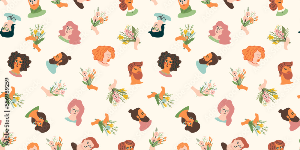 Vector seamless pattern with cute young women and men in love. For Happy Valentine s Day concept and other use. Vector seamless pattern with cute young women and men in love. For Happy Valentine s Day concept and other use.