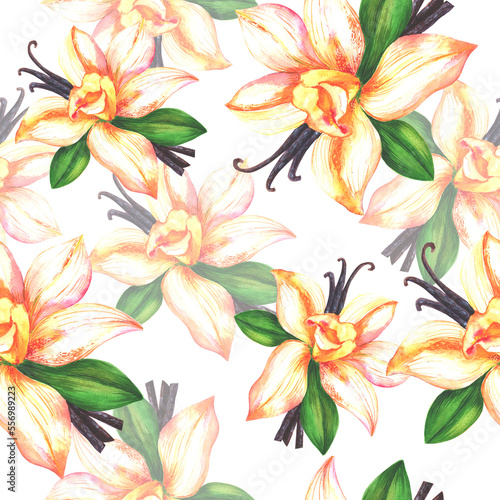  Watercolor vanilla flowers in a seamless pattern. Can be used as fabric  wallpaper  wrap.