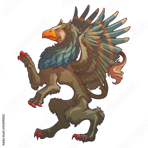 Heraldic Griffin walking on hind legs. Heraldic supporter a part of a Coat of Arms. Line drawing coloured and shaded isolated on white background. EPS10 vector illustration.
