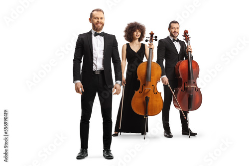 Young elegant musicians standing with cello instrument