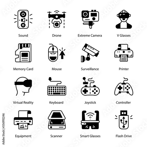 Scan, Shredder, Graphics Tablet, UPS, Adapter, Power Bank, Wifi device, Fintech, CPU, Motherboard, Sound Card, Network Card, RAM, USB Controller, HDD, SD,  Glyph Icons - Solid, Vectors