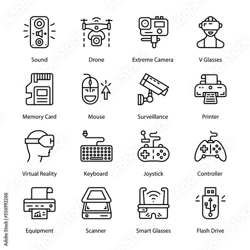 Scan, Shredder, Graphics Tablet, UPS, Adapter, Power Bank, Wifi device, Fintech, CPU, Motherboard, Sound Card, Network Card, RAM, USB Controller, HDD, SD, Outline Icons - Stroked, Vectors