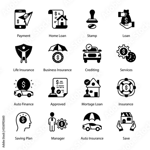 Payment, Home Loan, Stamp, Loan, Auto Finance, Approved, Mortgage Loan, Insurance, Auto Insurance, Save, Life Insurance, business insurance, Glyph Icons - Solid, Vectors