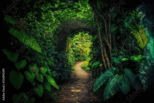 illustration of vary green tree tunnel with way path garden
