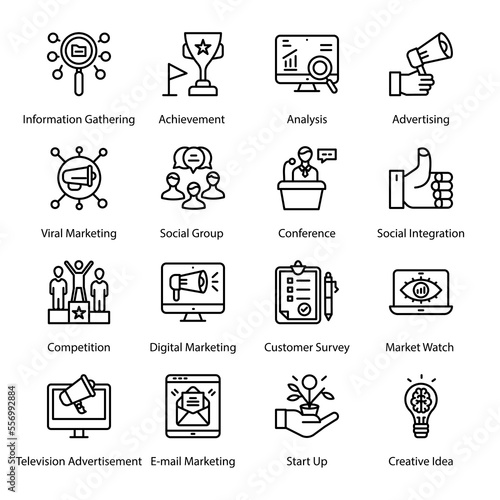 Mobile Research, Questionnaire, Video Marketing, Contract, Social Media, Planing, E-commerce, Remarketing, Default, News & Events, Copywriting, Outline Icons - Stroked, Vectors