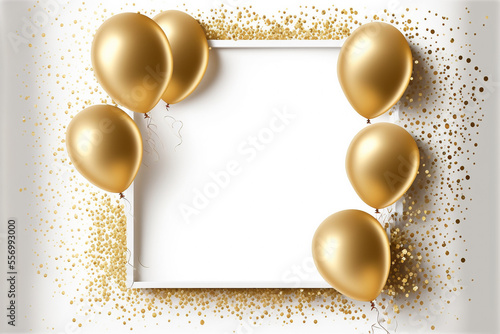 Gold shiny confetti and gold balloons on white background, middle has open space for your message copy, Celebration and party invitation concept