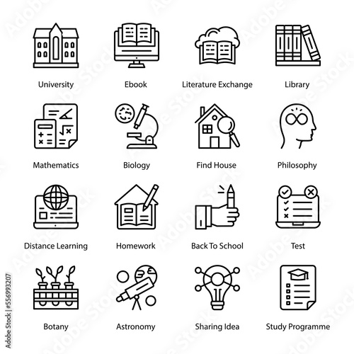 Cartology, Home Sharing, Plotting, Experiment, Genetics, Physics, OCR, Geometry, Languages, Higher Education, Read, Certificate, Electricity, mobile Book, Outline Icons - Stroked, Vectors