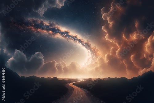 illustration of way path to horizon, endless road to heaven with light glow from the eternal horizon, concept of adventure to unknown place photo