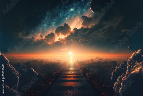 Tablou canvas illustration of way path to horizon, endless road to heaven with light glow from