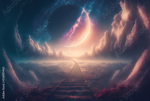 Fotografia illustration of way path to horizon, endless road to heaven with light glow from