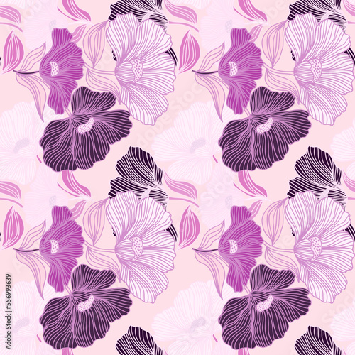 Abstract flower line seamless pattern. Delicate floral vintage outline endless background. Retro style.