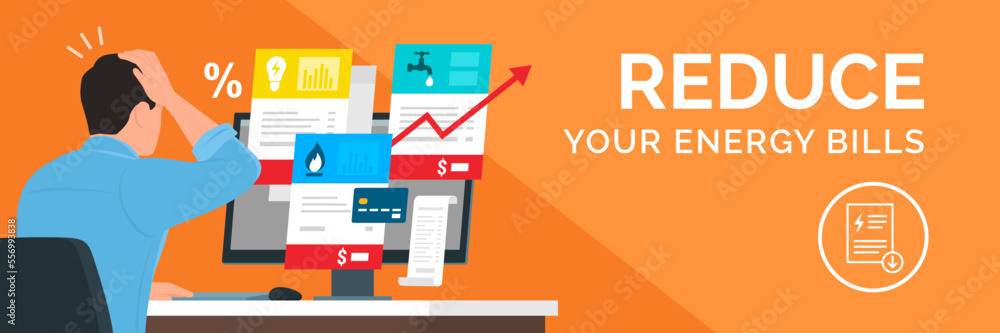 Obraz premium Worried man checking expensive utility bills on his computer