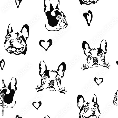 French bulldog seamless pattern. Black dog head template print. Wrapping paper, textiles, bed linen and wallpaper.