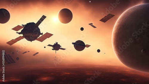 Print op canvas Space battle of spaceships and battle cruisers, planet, space station, bunker