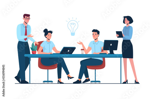 Business people work together in the office, discuss ideas for a project. Vector illustration of teamwork, brainstorming. Team of office employees. flat style.