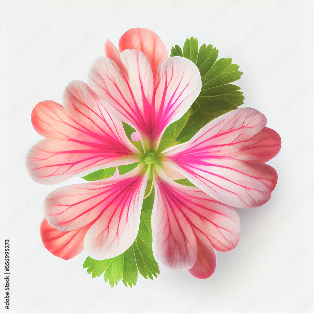 Fototapeta premium Top view a Geranium flower isolated on a white background, suitable for use on Valentine's Day cards