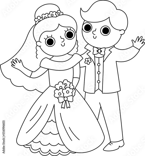 Vector black and white illustration with bride and groom waving hands. Cute just married couple. Wedding ceremony line icon. Cartoon marriage coloring page with newly married couple.