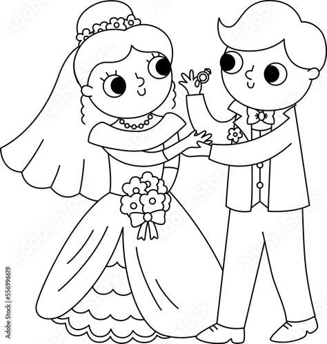 Vector black and white illustration with bride and groom exchanging rings. Cute just married couple. Wedding ceremony line icon. Cartoon marriage coloring page with newly married couple.