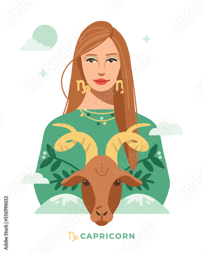 Capricorn zodiac sign. Horoscope. Illustration of Capricorn astrological sign of beautiful girl with goat, mountain, clouds. Vector art.