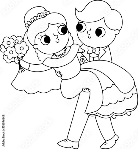 Vector black and white illustration with groom carrying bride on his hands. Cute just married couple. Wedding ceremony line icon. Cartoon marriage coloring page with newly married couple.
