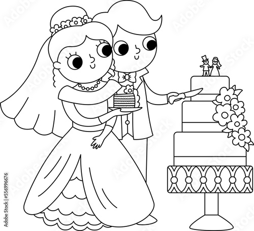 Vector black and white illustration with bride and groom. Cute just married couple. Wedding ceremony line icon. Cartoon marriage coloring page with newly married couple cutting cake.