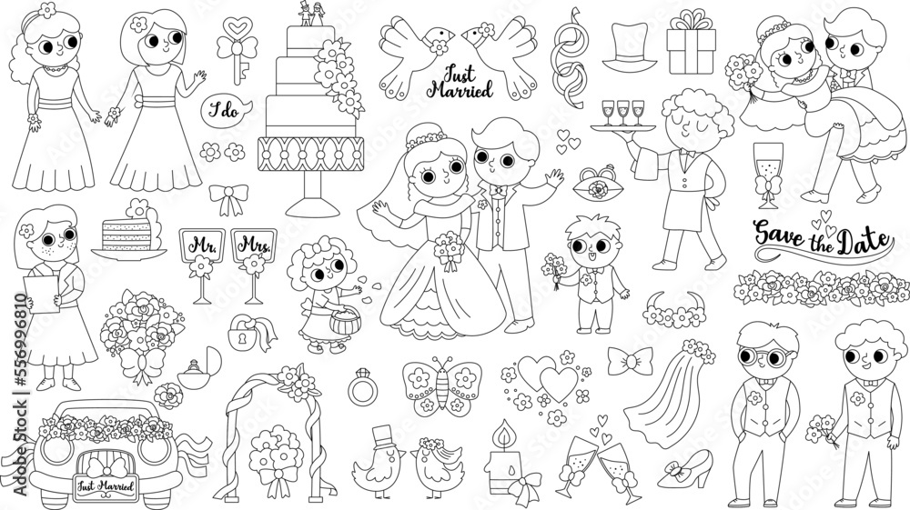 Vector big black and white wedding elements set. Cute marriage line clipart and scenes with bride and groom, bridesmaids, rings, cake. Just married couple collection. Funny ceremony coloring page.