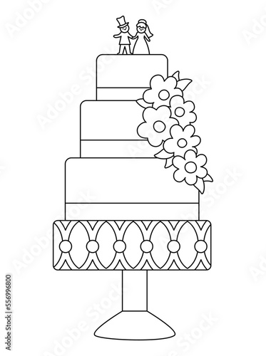 Vector black and white wedding cake with flowers, ribbon, little bride and groom statuettes. Cute line marriage clipart element. Just married couple dessert. Cartoon ceremony coloring page.
