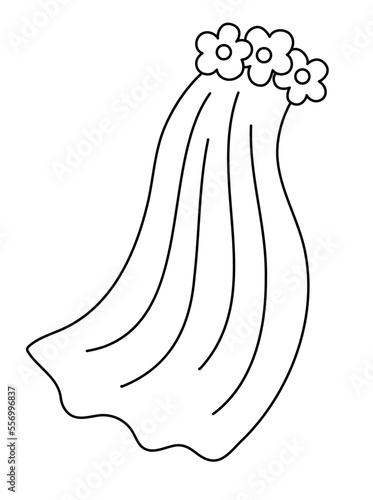 Vector black and white veil icon. Bride clothes illustration. Cute line just married girl accessory. Wedding ceremony coloring page. Cute lady outline vailing with flowers.
