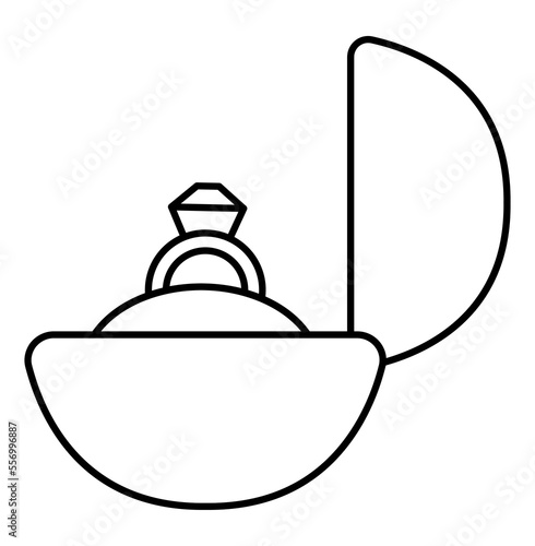 Vector black and white wedding ring with stone in jewelry box. Cute marriage or proposal symbol line clipart element for bride, groom. Just married couple accessory. Cartoon ceremony coloring page.