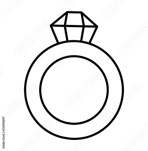 Vector black and white wedding ring with stone. Cute marriage symbol line clipart element for bride and groom. Just married couple accessory. Cartoon ceremony illustration or coloring page.