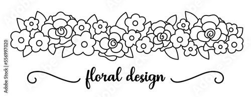 Vector black and white floral horizontal decorative line element. Flat illustration with rose flowers, leaves, branches. Beautiful spring, summer or wedding bouquet coloring page.