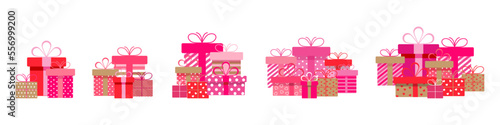 Set of Valentine's Day gift boxes with ribbons and bows.A pile of pink gift boxes.Presents in colorful wrapping with ribbons.Gift boxes stack in flat style.Holidays presents with a hearts.