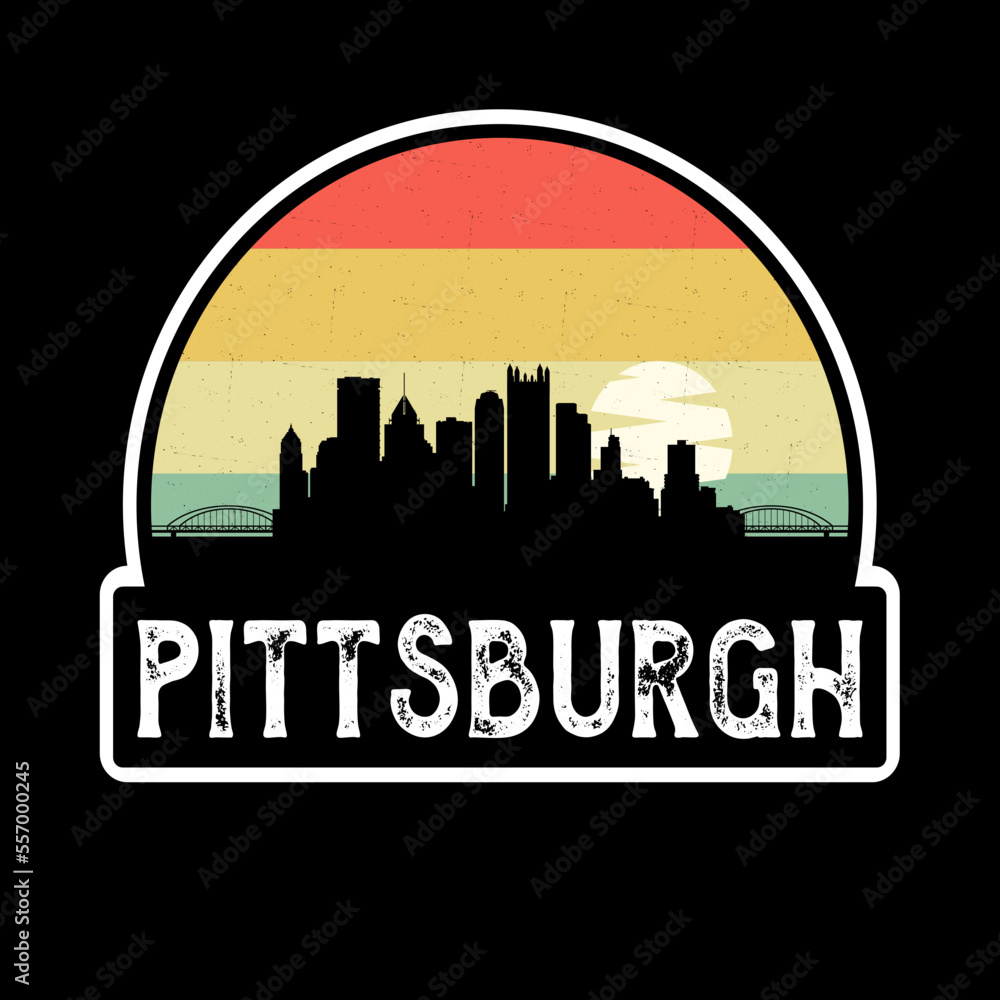 Pittsburgh Pennsylvania USA Skyline Silhouette Retro Vintage Sunset Pittsburgh Lover Travel Souvenir Sticker Vector Illustration SVG EPS