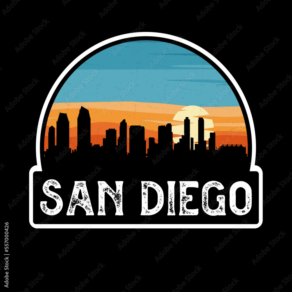 San Diego California USA Skyline Silhouette Retro Vintage Sunset San Diego Lover Travel Souvenir Sticker Vector Illustration SVG EPS