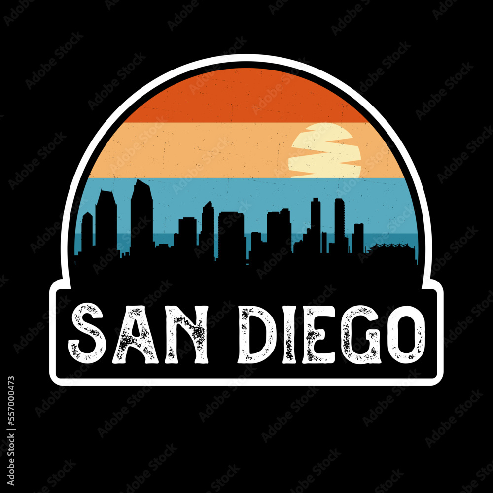 San Diego California USA Skyline Silhouette Retro Vintage Sunset San Diego Lover Travel Souvenir Sticker Vector Illustration SVG EPS