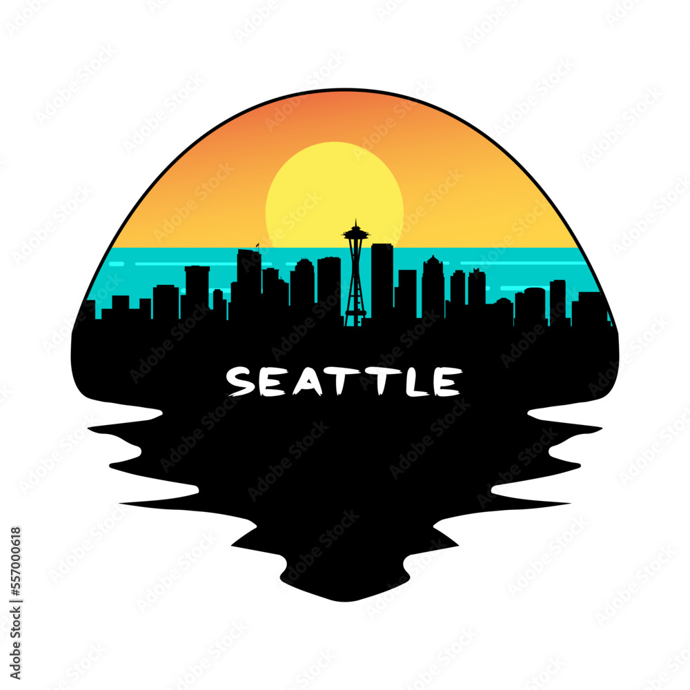 Seattle Washington USA Skyline Silhouette Retro Vintage Sunset Seattle Lover Travel Souvenir Sticker Vector Illustration SVG EPS