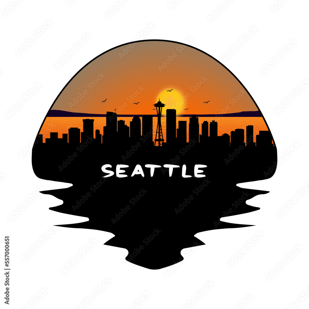 Seattle Washington USA Skyline Silhouette Retro Vintage Sunset Seattle Lover Travel Souvenir Sticker Vector Illustration SVG EPS