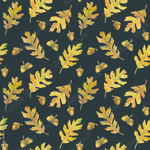 Seamless pattern with oak leaves and acorns. Hand-drawn watercolor illustration. Wild plants. Brownish on dark background.