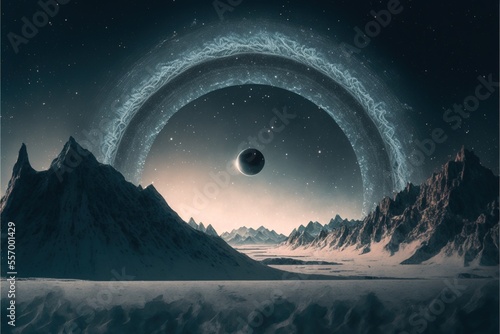 Galaxy nature with snowy mountain aesthetic background starry sky and planet or black hole in abstract night scene
