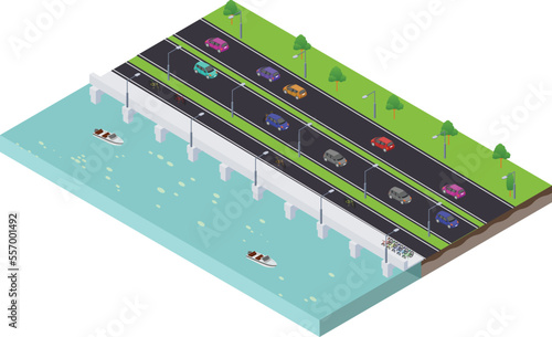 isometric scene of bicycle lane track with road near the ocean