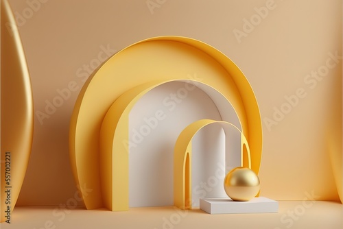 Pastel, light, citrus yellow luxurious product display podium or stand minimal composition with golden arch line in background and light . Generative AI