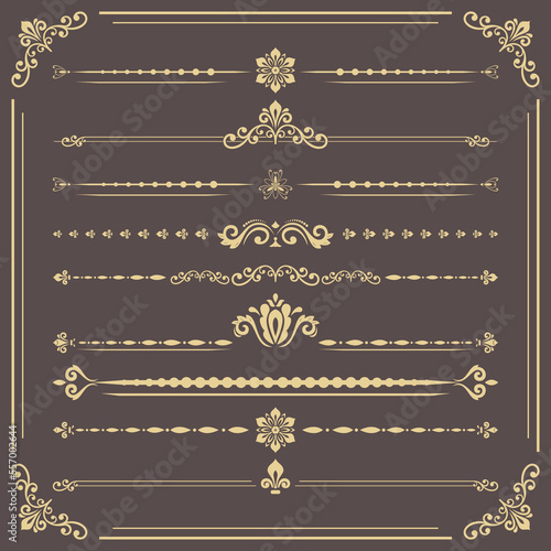 Vintage set of vector decorative elements. Horizontal separators in the frame. Collection of different ornaments. Classic patterns. Set of brown and yellow vintage patterns