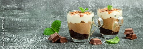 Mousse Three chocolates in a glass decorated with mint. Layered delicious dessert. Long banner format