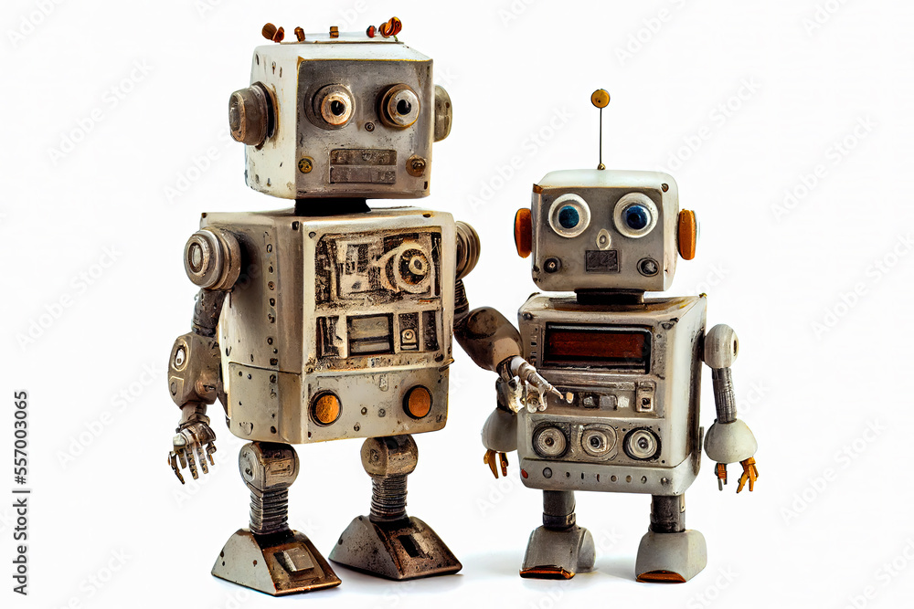 Colourful Two Surreal Retro Tin Robots Generative AI Illustratio Colourful Two Surreal Retro Tin Robots Generative AI Illustratio