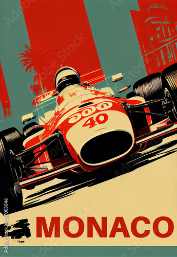 Fényképezés Colourful Retro Monaco Grand Prix Poster Generative AI Illustration