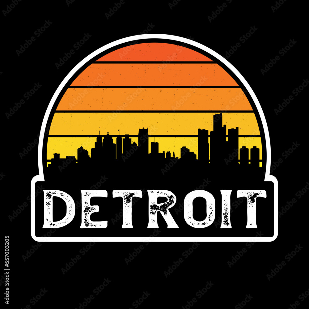 Detroit Michigan USA Skyline Silhouette Retro Vintage Sunset Detroit Lover Travel Souvenir Sticker Vector Illustration SVG EPS