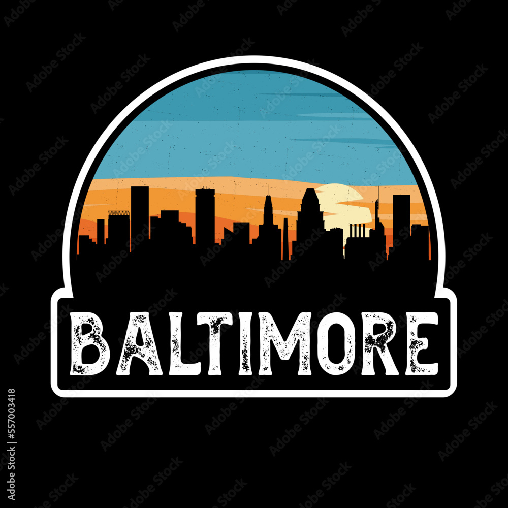 Baltimore Maryland USA Skyline Silhouette Retro Vintage Sunset Baltimore Lover Travel Souvenir Sticker Vector Illustration SVG EPS